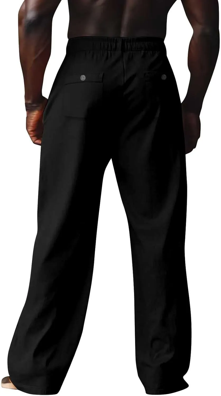 Mens Linen Pants Casual Drawstring Elastic Waist Yoga Pant Summer Lightweight Baggy Straight Leg Beach Loose Trousers