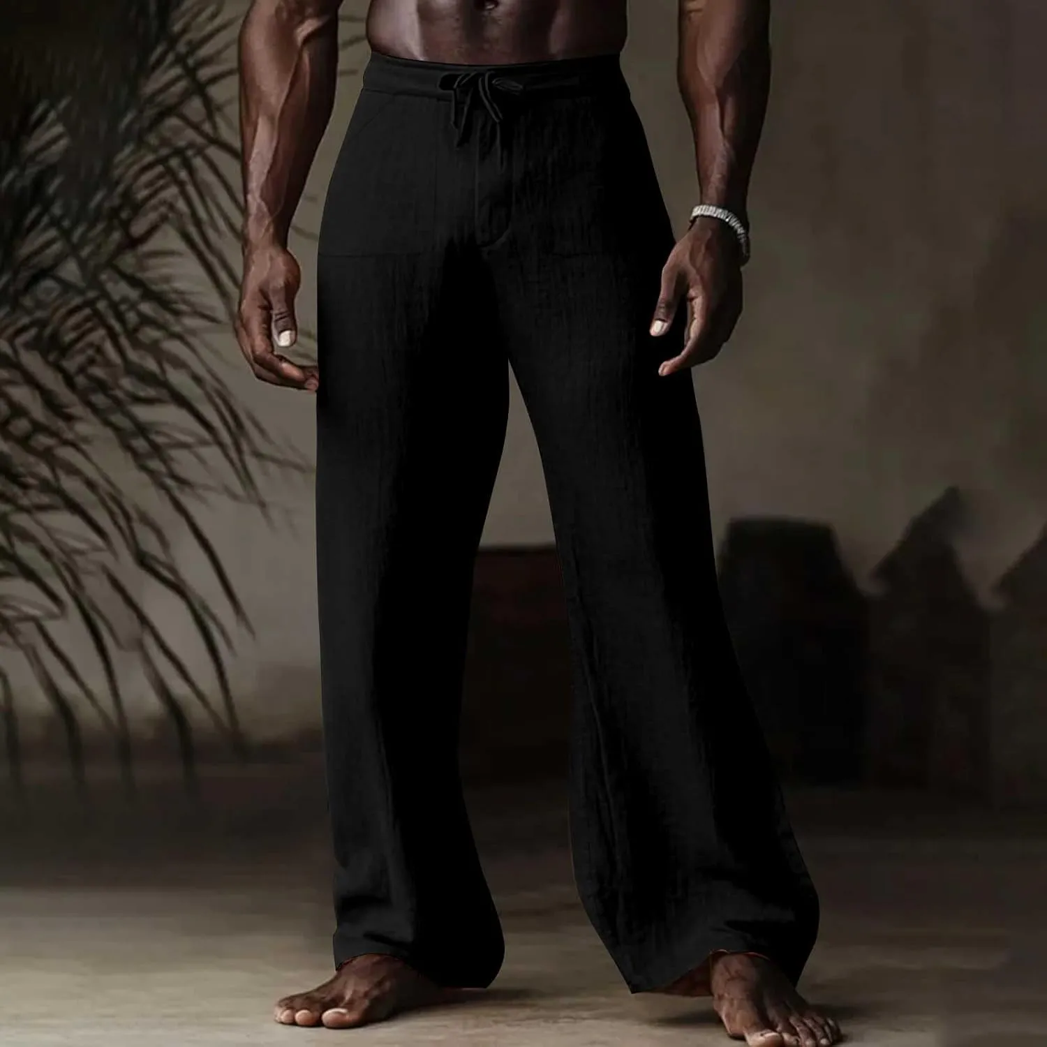 Mens Linen Pants Casual Drawstring Elastic Waist Yoga Pant Summer Lightweight Baggy Straight Leg Beach Loose Trousers
