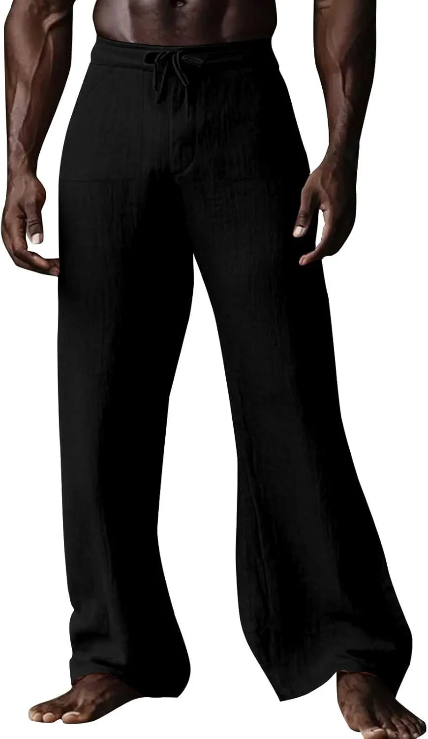 Mens Linen Pants Casual Drawstring Elastic Waist Yoga Pant Summer Lightweight Baggy Straight Leg Beach Loose Trousers