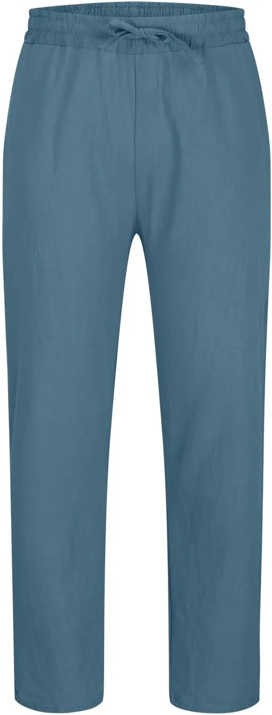 Men's Linen Pants Casual Drawstring Tapered Pants Elastic Waist Slim Fit Lounge Pants Lightweight Summer Trousers