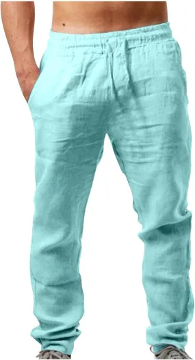 Men's Linen Pants Casual Drawstring Tapered Pants Elastic Waist Slim Fit Lounge Pants Lightweight Summer Trousers