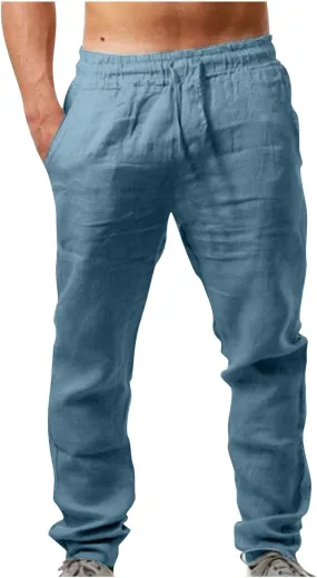 Men's Linen Pants Casual Drawstring Tapered Pants Elastic Waist Slim Fit Lounge Pants Lightweight Summer Trousers