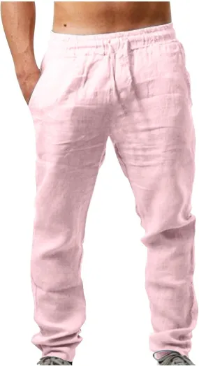 Men's Linen Pants Casual Drawstring Tapered Pants Elastic Waist Slim Fit Lounge Pants Lightweight Summer Trousers