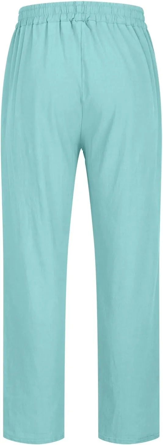 Men's Linen Pants Casual Drawstring Tapered Pants Elastic Waist Slim Fit Lounge Pants Lightweight Summer Trousers