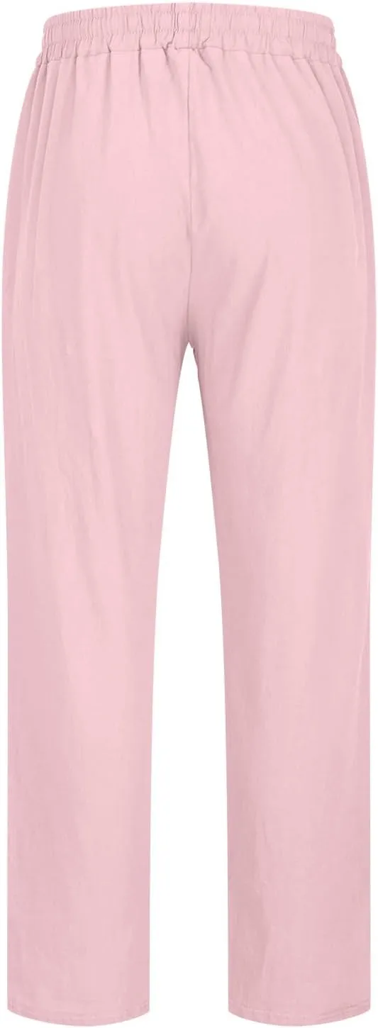 Men's Linen Pants Casual Drawstring Tapered Pants Elastic Waist Slim Fit Lounge Pants Lightweight Summer Trousers