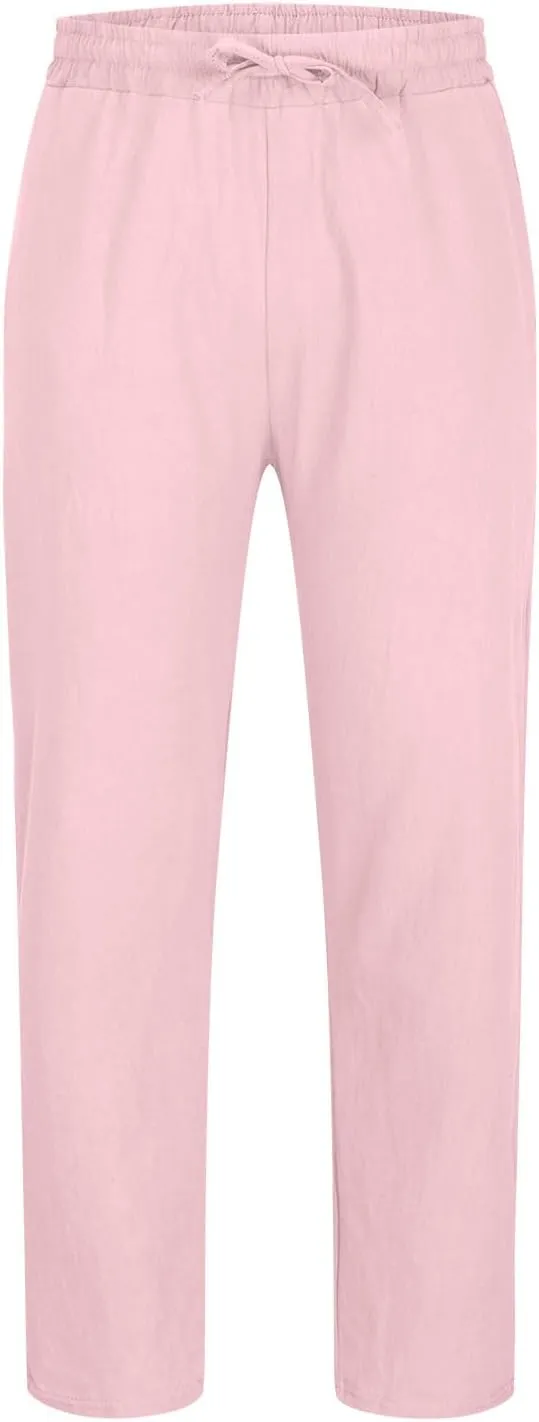 Men's Linen Pants Casual Drawstring Tapered Pants Elastic Waist Slim Fit Lounge Pants Lightweight Summer Trousers