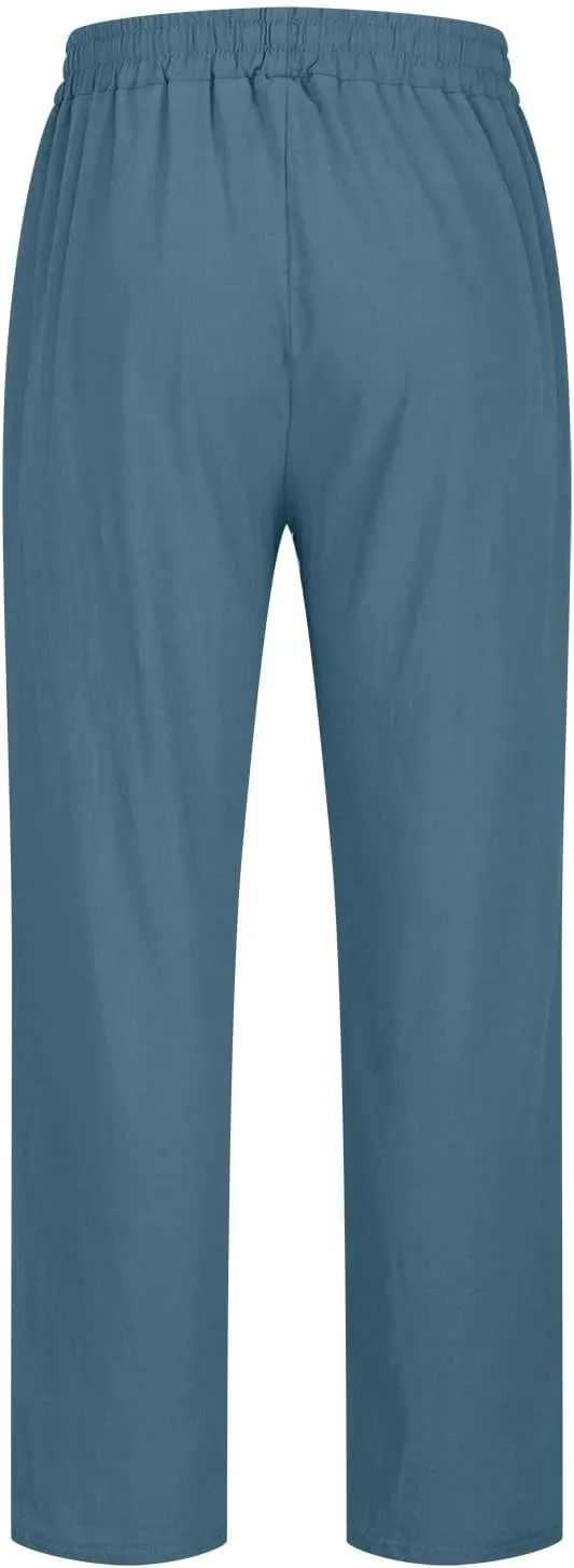 Men's Linen Pants Casual Drawstring Tapered Pants Elastic Waist Slim Fit Lounge Pants Lightweight Summer Trousers