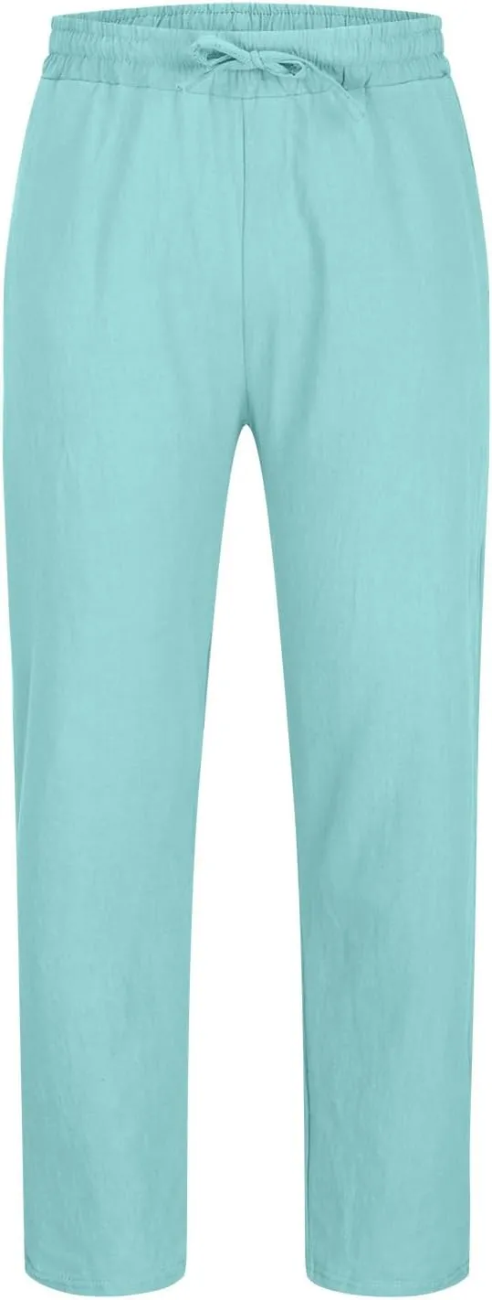 Men's Linen Pants Casual Drawstring Tapered Pants Elastic Waist Slim Fit Lounge Pants Lightweight Summer Trousers