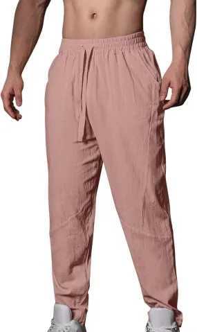 Mens Linen Pants Casual Loose Fit Drawstring Wide Leg Pants with Pockets Summer Lightweight Beach Trousers