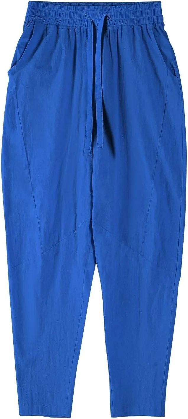 Mens Linen Pants Casual Loose Fit Drawstring Wide Leg Pants with Pockets Summer Lightweight Beach Trousers