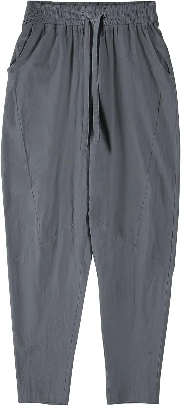 Mens Linen Pants Casual Loose Fit Drawstring Wide Leg Pants with Pockets Summer Lightweight Beach Trousers