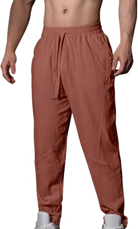 Mens Linen Pants Casual Loose Fit Drawstring Wide Leg Pants with Pockets Summer Lightweight Beach Trousers