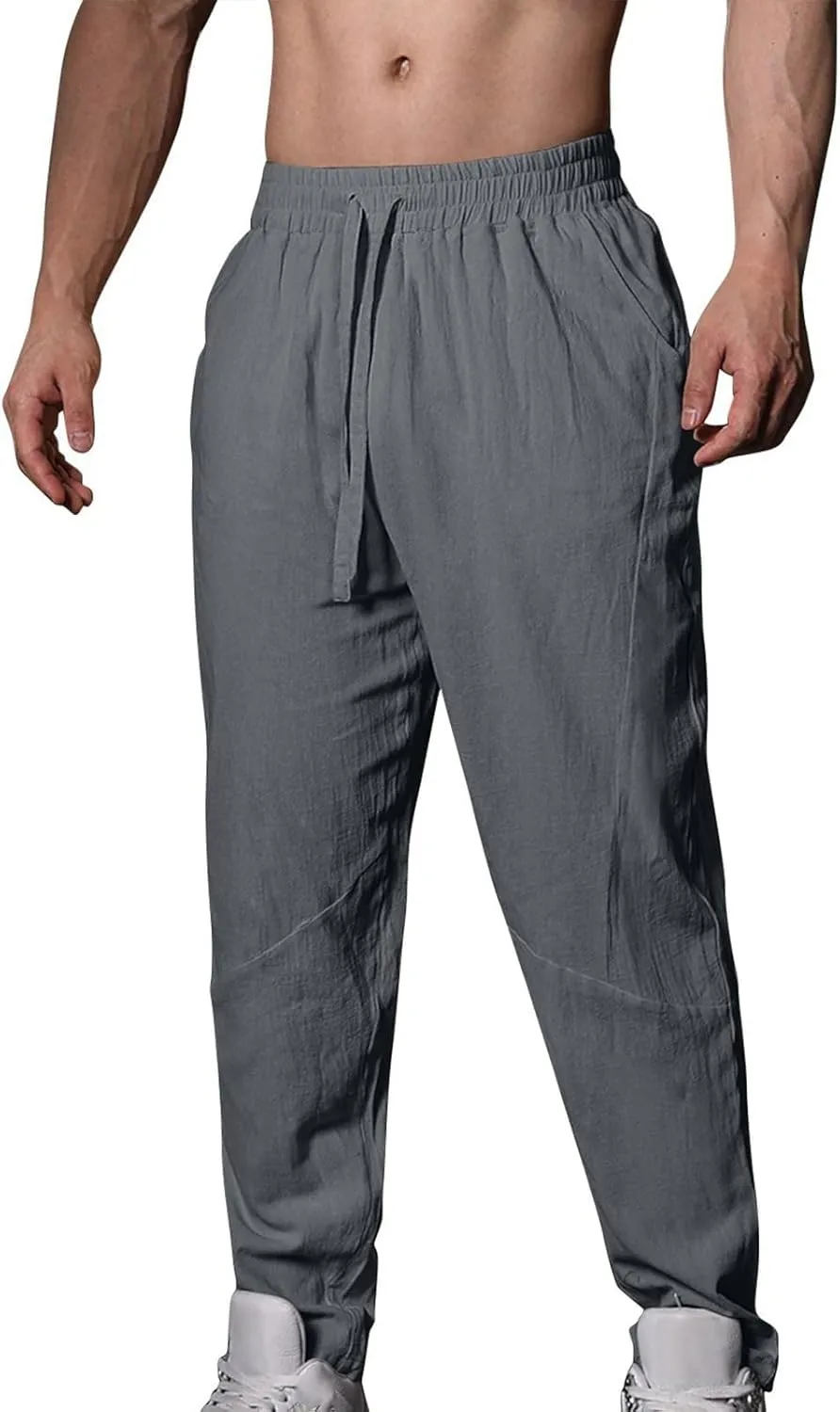 Mens Linen Pants Casual Loose Fit Drawstring Wide Leg Pants with Pockets Summer Lightweight Beach Trousers