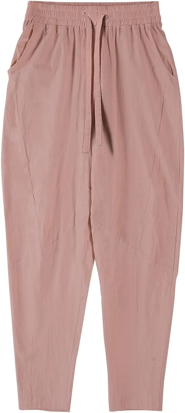 Mens Linen Pants Casual Loose Fit Drawstring Wide Leg Pants with Pockets Summer Lightweight Beach Trousers