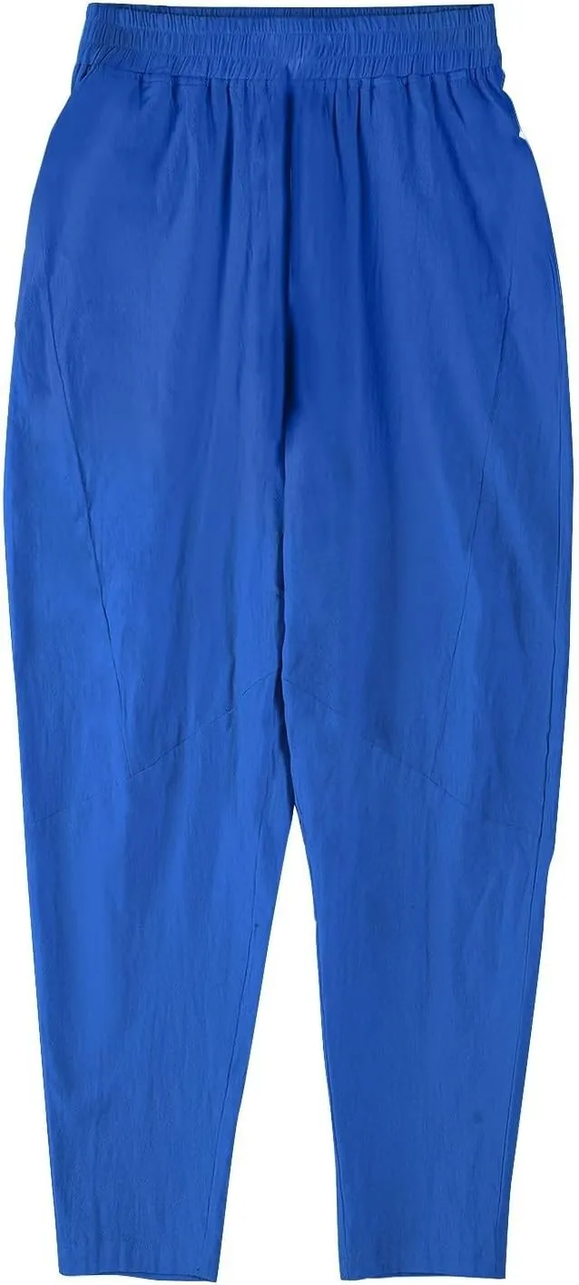 Mens Linen Pants Casual Loose Fit Drawstring Wide Leg Pants with Pockets Summer Lightweight Beach Trousers