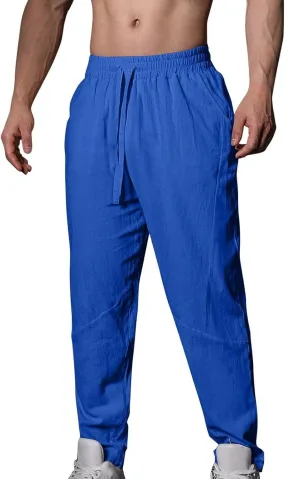 Mens Linen Pants Casual Loose Fit Drawstring Wide Leg Pants with Pockets Summer Lightweight Beach Trousers