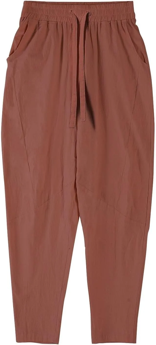 Mens Linen Pants Casual Loose Fit Drawstring Wide Leg Pants with Pockets Summer Lightweight Beach Trousers