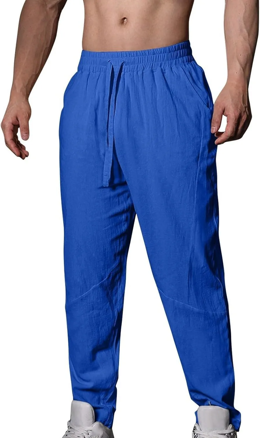Mens Linen Pants Casual Loose Fit Drawstring Wide Leg Pants with Pockets Summer Lightweight Beach Trousers