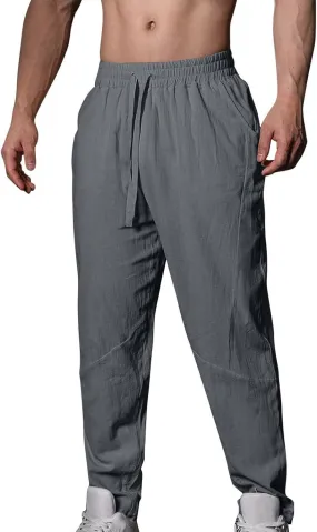 Mens Linen Pants Casual Loose Fit Drawstring Wide Leg Pants with Pockets Summer Lightweight Beach Trousers