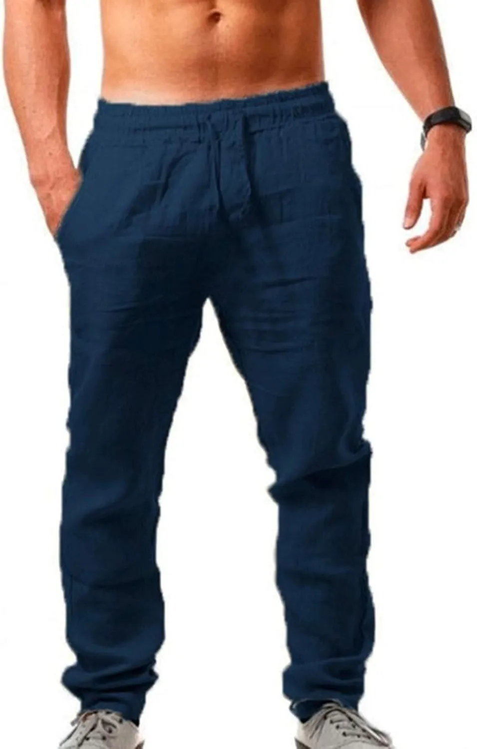 Mens Linen Pants Casual Slim Fit Drawstring Pants Elastic Waist Lightweight Lounge Pants Trendy Casual Trousers
