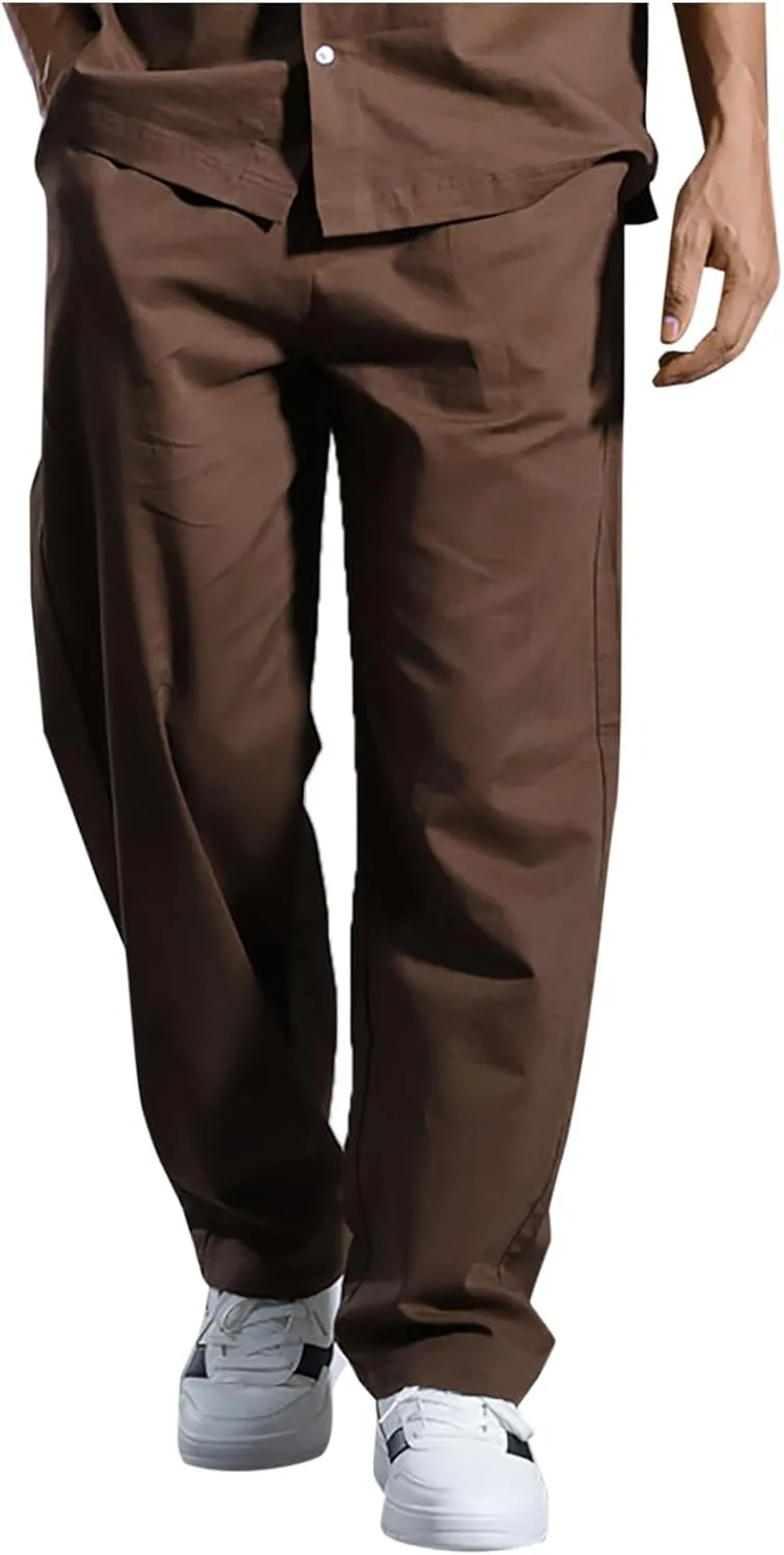Mens Linen Pants Casual Straight Leg Pants Loose Summer Trousers Lightweight Lounge Pants Slim Fit Dress Pants
