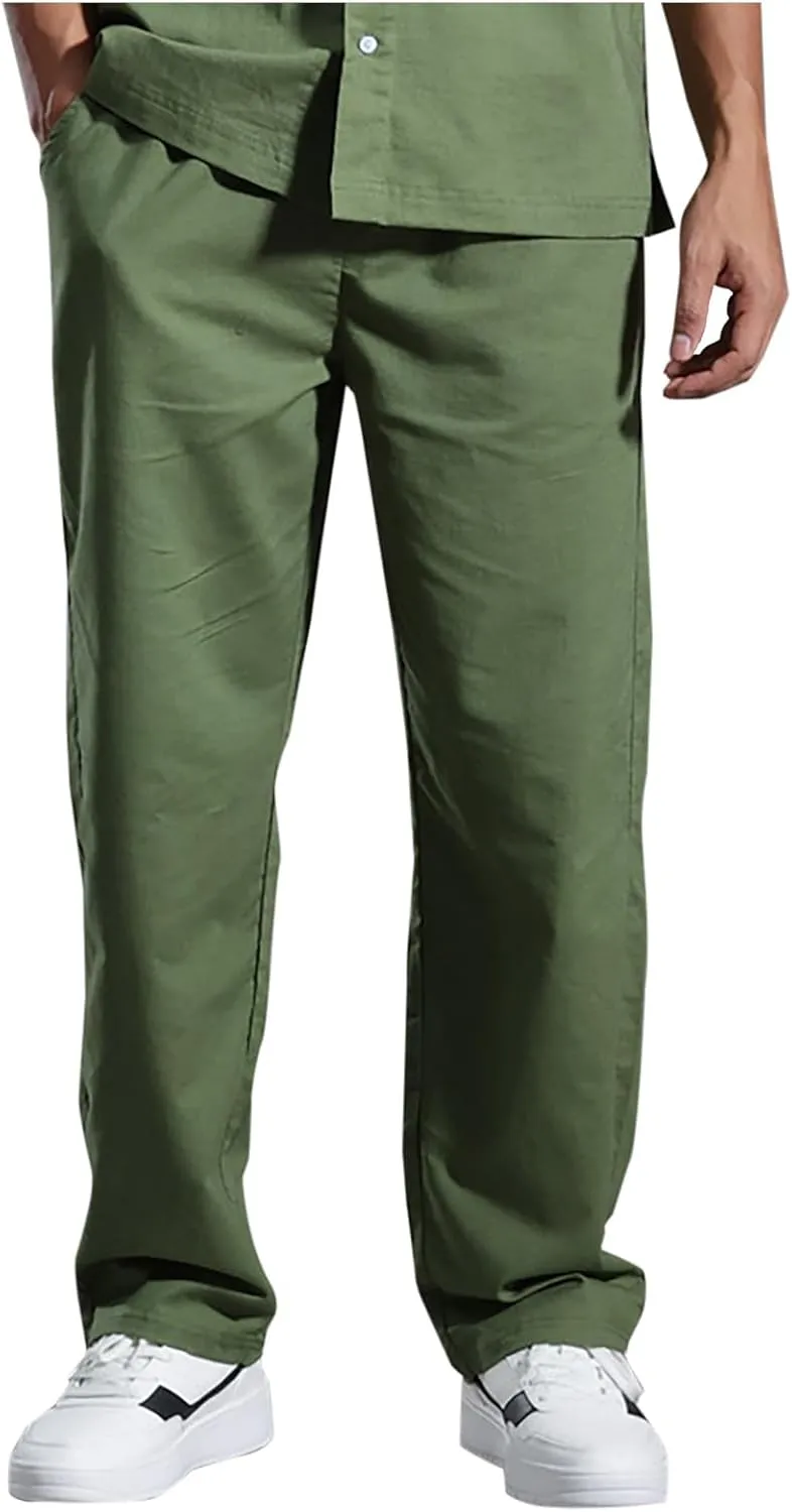 Mens Linen Pants Casual Straight Leg Pants Loose Summer Trousers Lightweight Lounge Pants Slim Fit Dress Pants