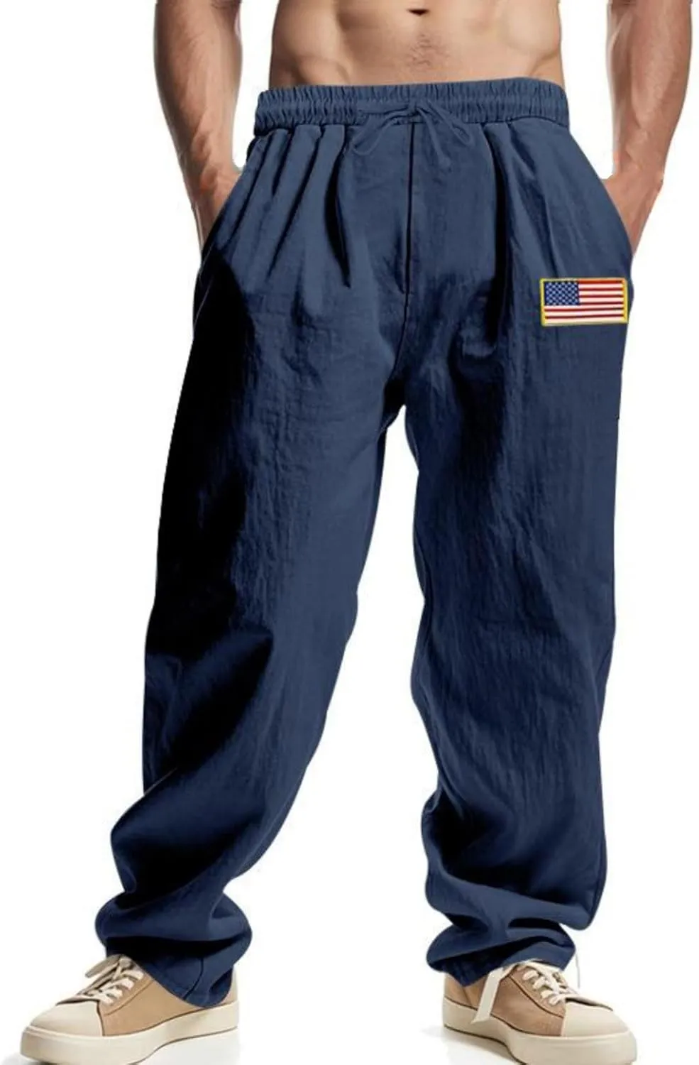 Mens Linen Pants Casual Vintage Loose Fit Wide Legs Trouser Drawstring Elastic Waist American Flag Print Hip Hop Pant