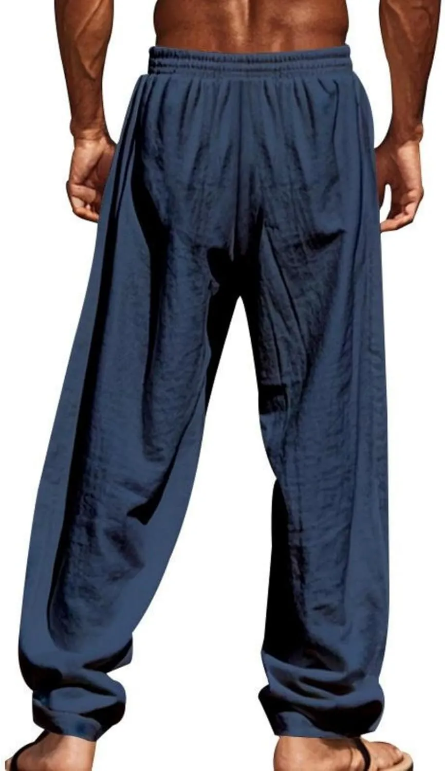 Mens Linen Pants Casual Vintage Loose Fit Wide Legs Trouser Drawstring Elastic Waist American Flag Print Hip Hop Pant