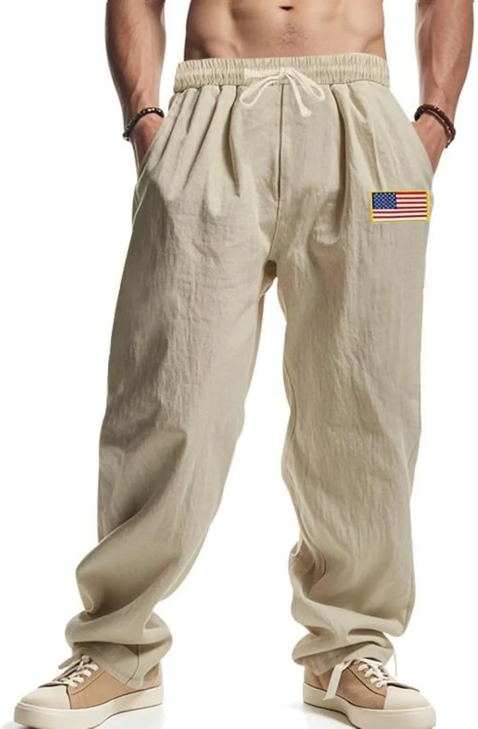Mens Linen Pants Casual Vintage Loose Fit Wide Legs Trouser Drawstring Elastic Waist American Flag Print Hip Hop Pant