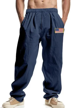Mens Linen Pants Casual Vintage Loose Fit Wide Legs Trouser Drawstring Elastic Waist American Flag Print Hip Hop Pant