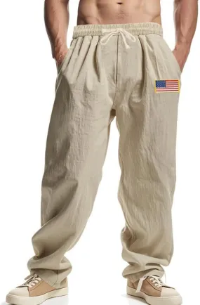 Mens Linen Pants Casual Vintage Loose Fit Wide Legs Trouser Drawstring Elastic Waist American Flag Print Hip Hop Pant