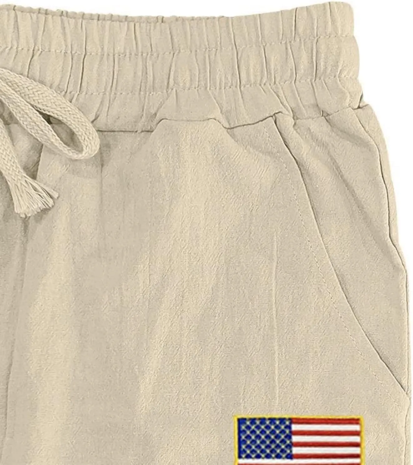 Mens Linen Pants Casual Vintage Loose Fit Wide Legs Trouser Drawstring Elastic Waist American Flag Print Hip Hop Pant