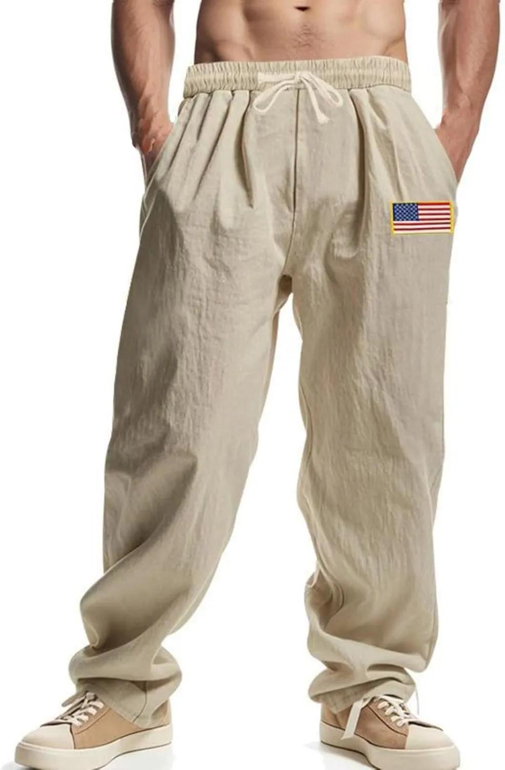 Mens Linen Pants Casual Vintage Loose Fit Wide Legs Trouser Drawstring Elastic Waist American Flag Print Hip Hop Pant