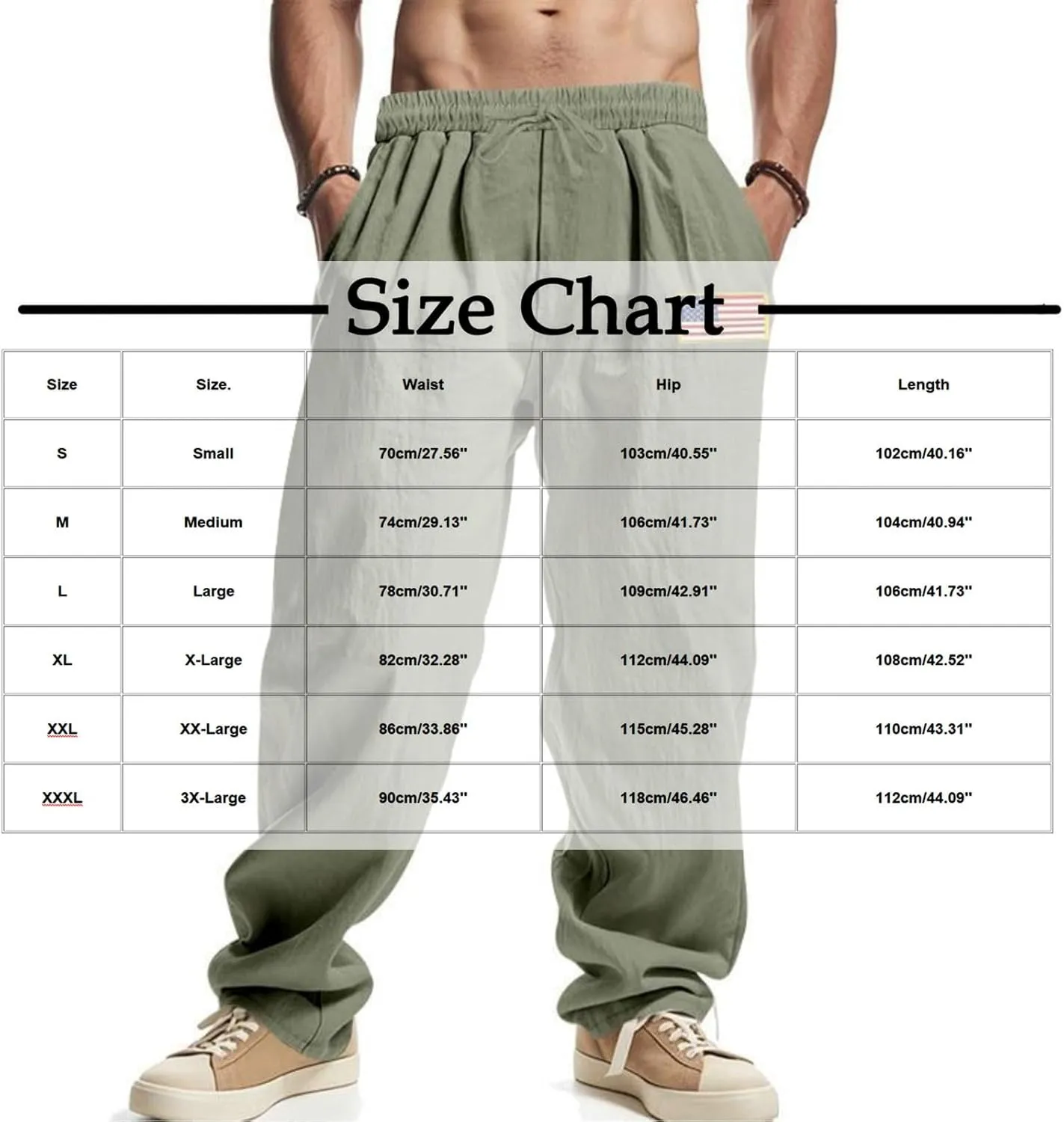 Mens Linen Pants Casual Vintage Loose Fit Wide Legs Trouser Drawstring Elastic Waist American Flag Print Hip Hop Pant