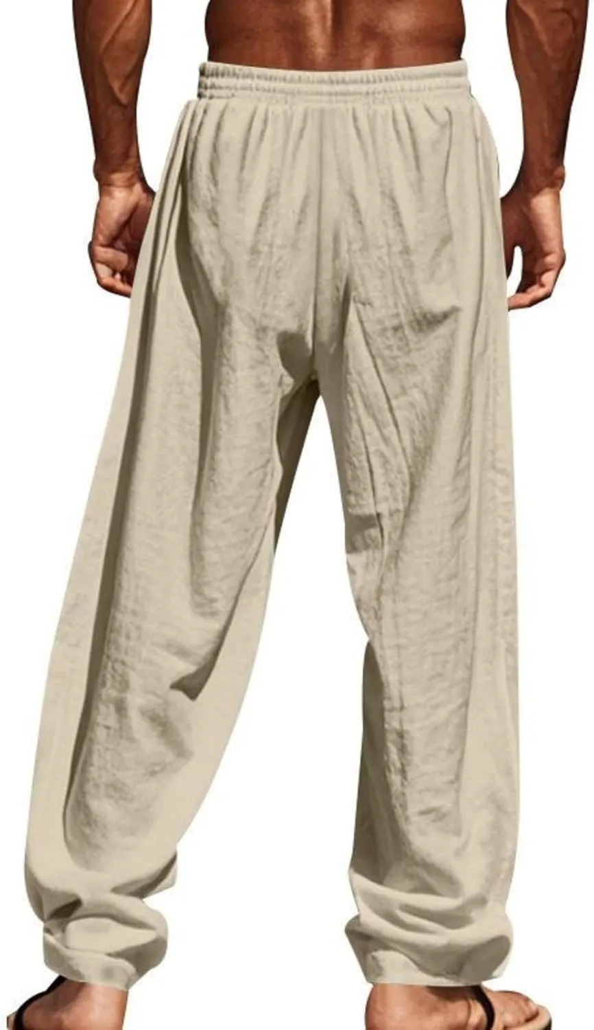 Mens Linen Pants Casual Vintage Loose Fit Wide Legs Trouser Drawstring Elastic Waist American Flag Print Hip Hop Pant