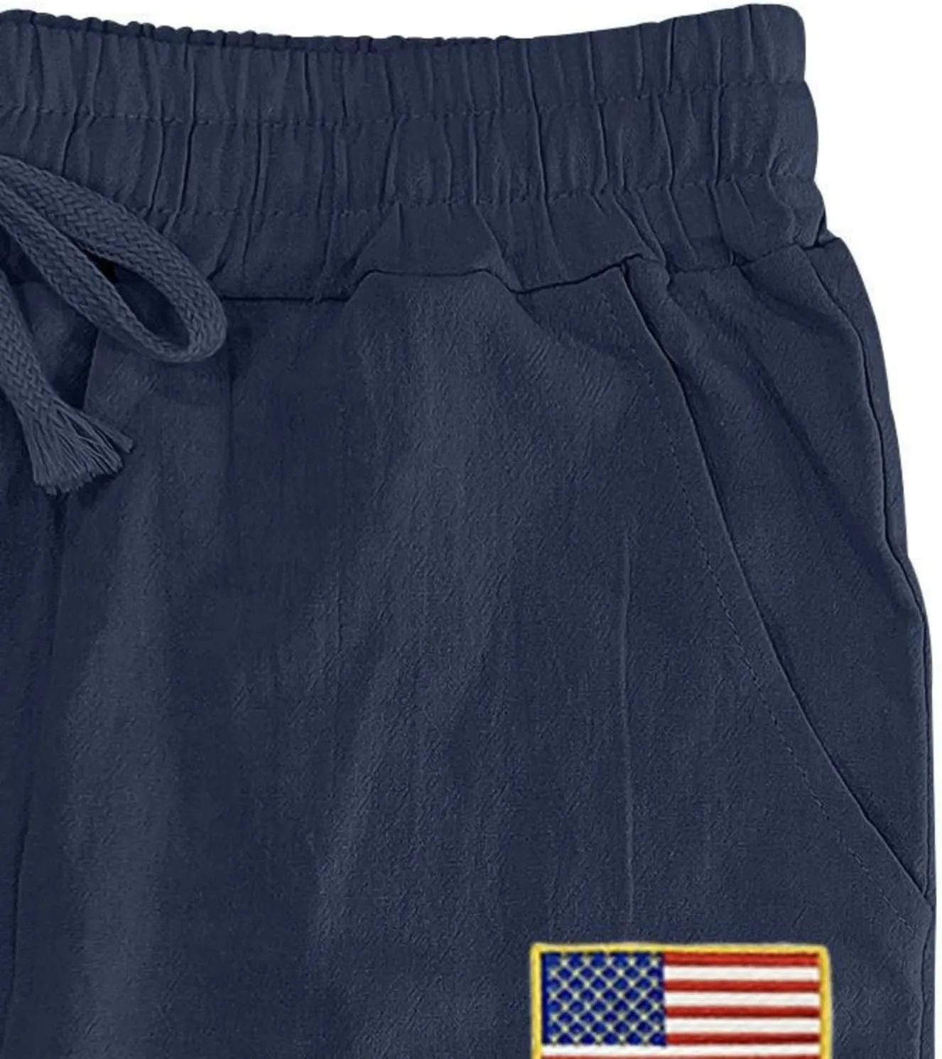 Mens Linen Pants Casual Vintage Loose Fit Wide Legs Trouser Drawstring Elastic Waist American Flag Print Hip Hop Pant