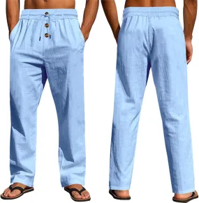 Mens Linen Pants Elastic Waist Drawstring Lightweight Pant Loose Fit Summer Beach Yoga Trousers Casual Pants