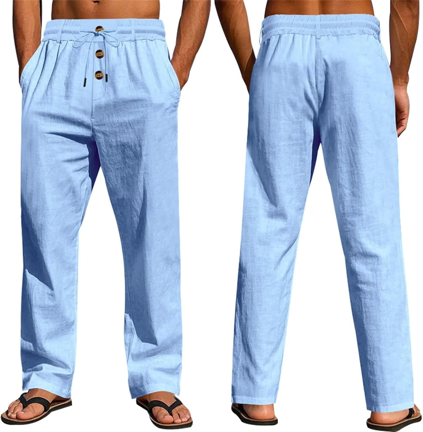 Mens Linen Pants Elastic Waist Drawstring Lightweight Pant Loose Fit Summer Beach Yoga Trousers Casual Pants