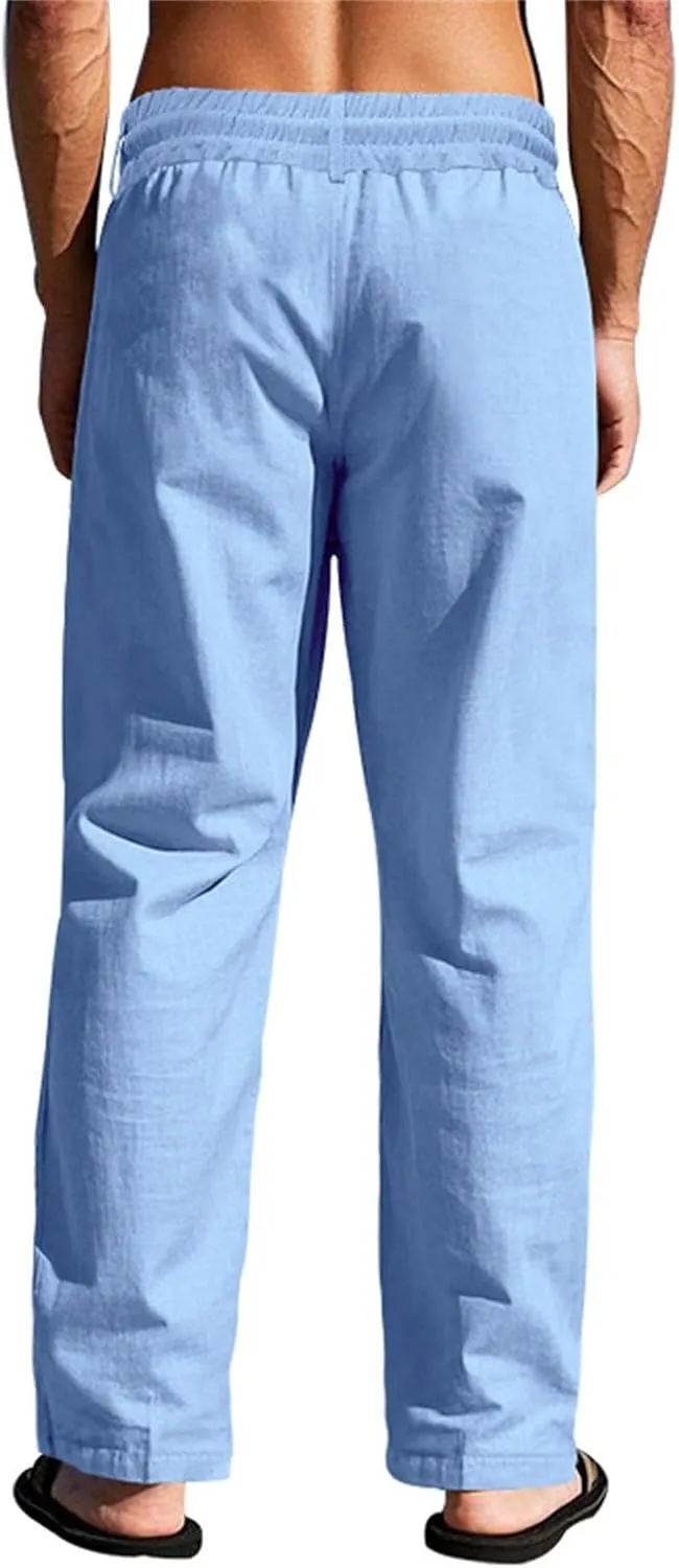 Mens Linen Pants Elastic Waist Drawstring Lightweight Pant Loose Fit Summer Beach Yoga Trousers Casual Pants