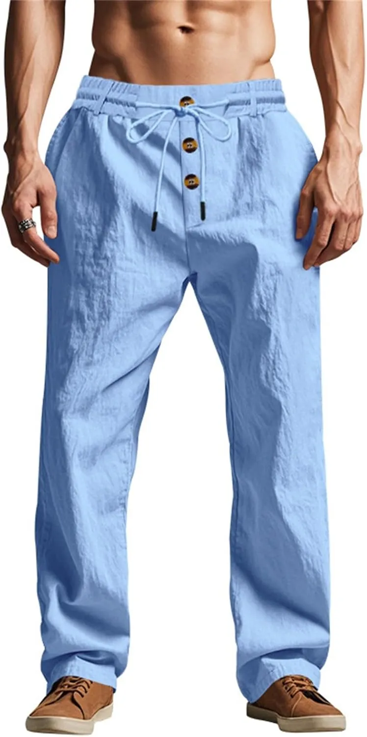 Mens Linen Pants Elastic Waist Drawstring Lightweight Pant Loose Fit Summer Beach Yoga Trousers Casual Pants