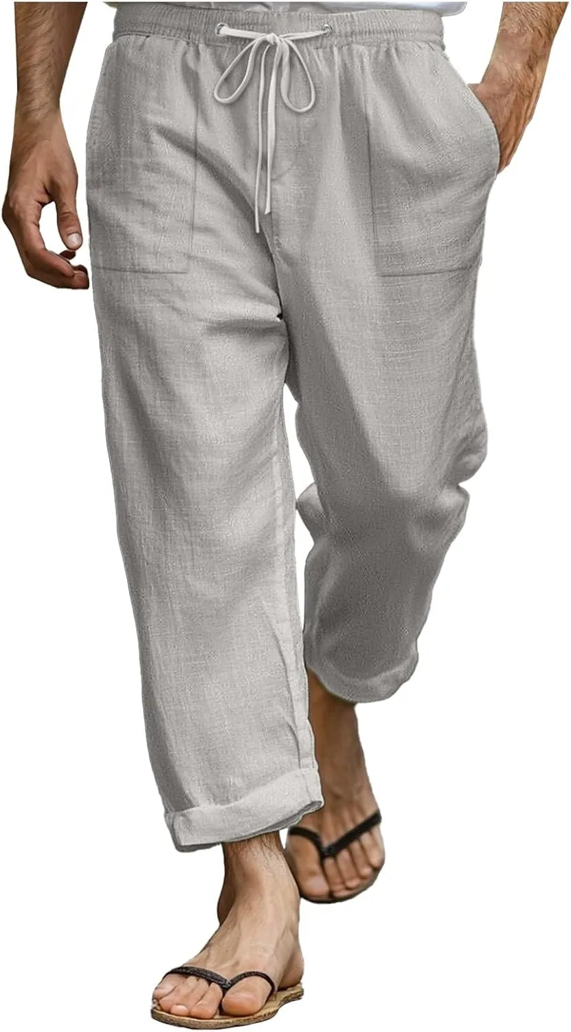Mens Linen Pants Oversized Loose Stretchy Drawstring Waist Straight Legs Trouser Lightweight Casual Beach Pant Pocket