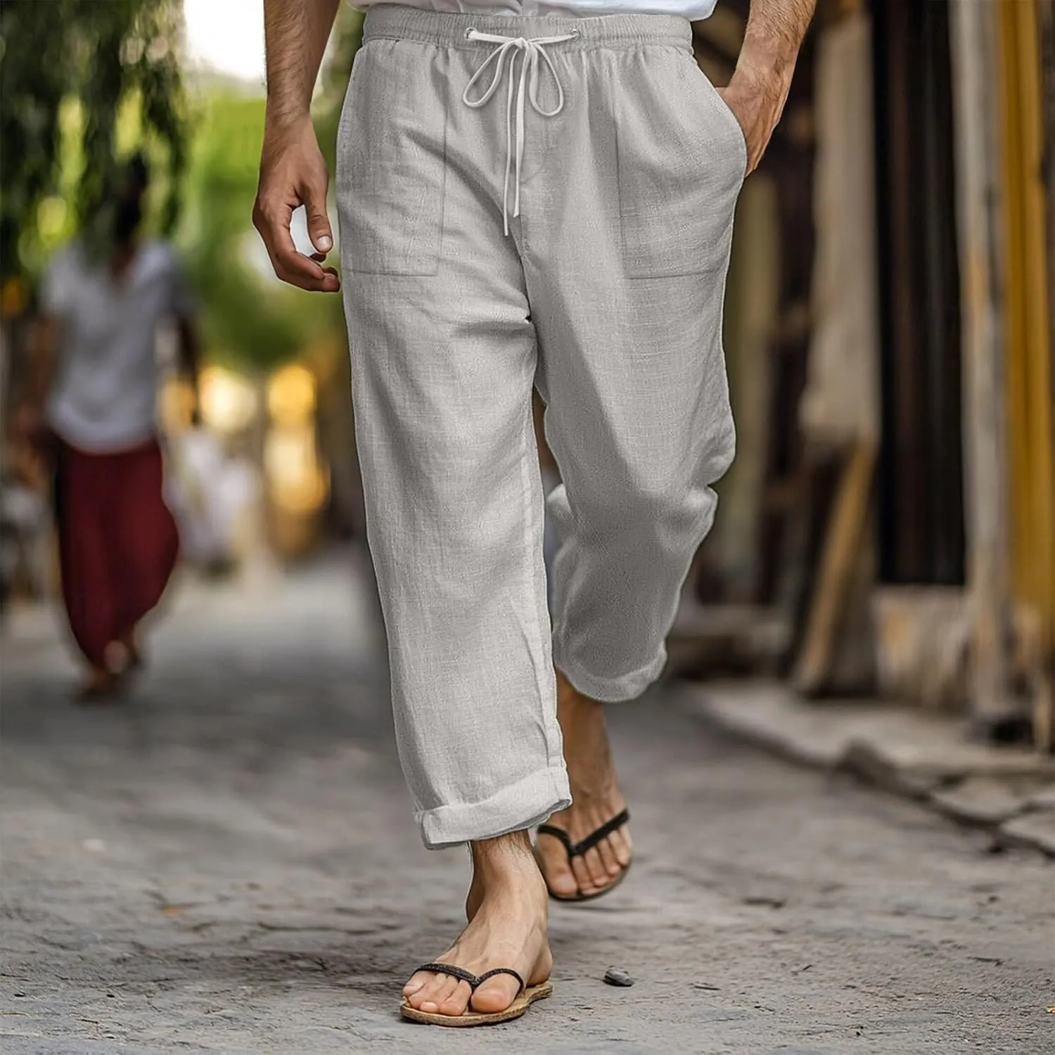 Mens Linen Pants Oversized Loose Stretchy Drawstring Waist Straight Legs Trouser Lightweight Casual Beach Pant Pocket