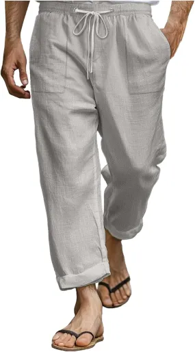 Mens Linen Pants Oversized Loose Stretchy Drawstring Waist Straight Legs Trouser Lightweight Casual Beach Pant Pocket