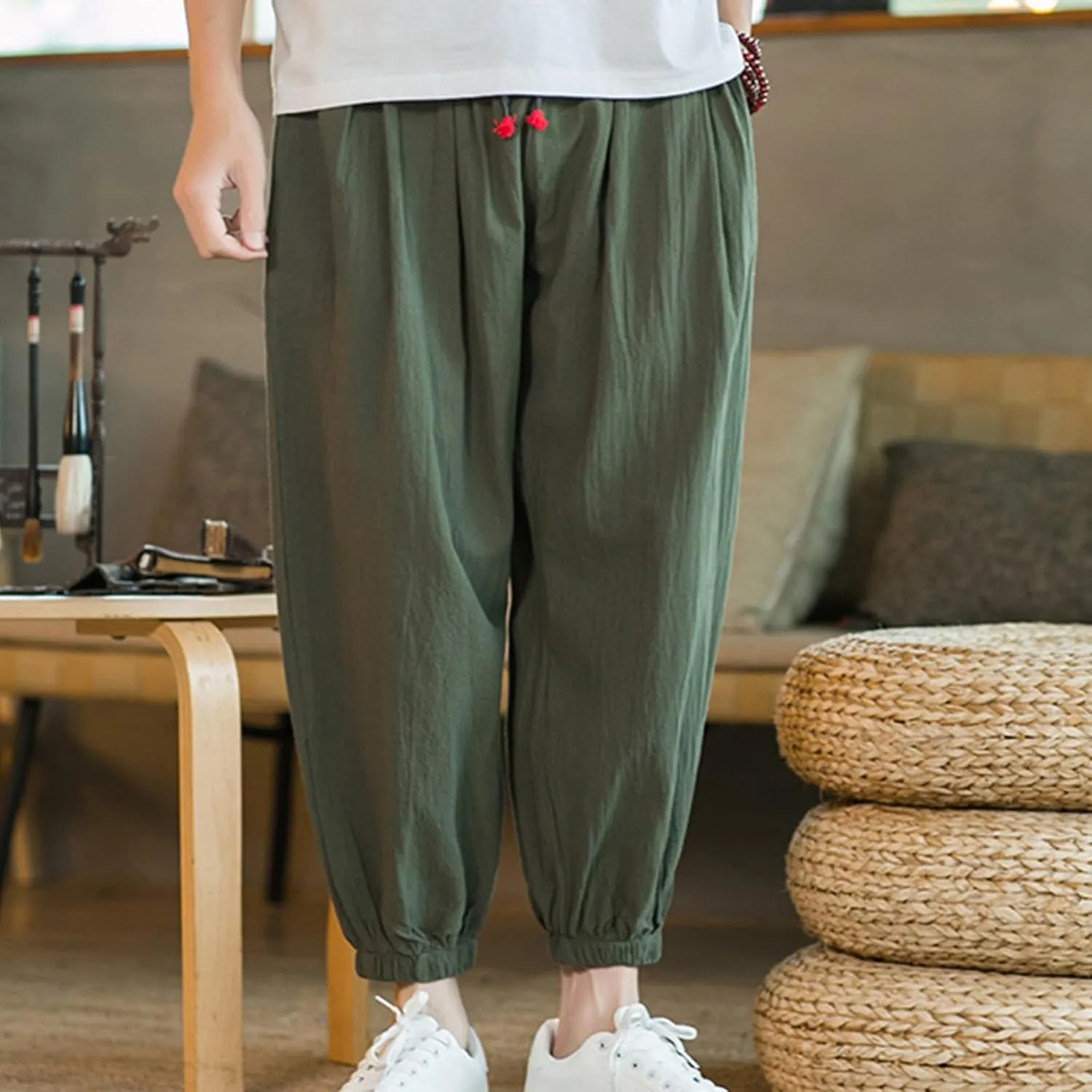 Men's Linen Pants Tapered Drawstring Pants Summer Baggy Joggers Lightweight Lounge Pants Big and Tall Trousers