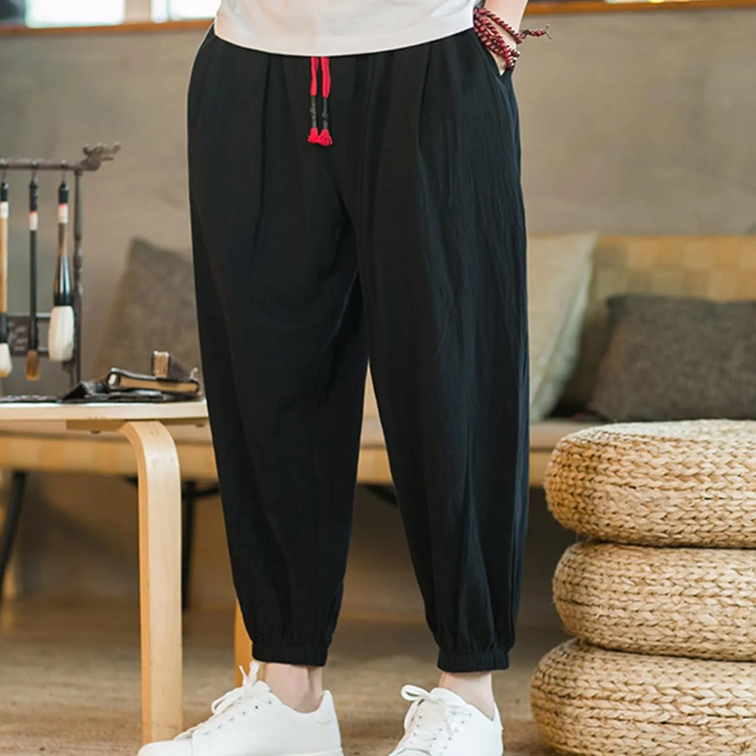 Men's Linen Pants Tapered Drawstring Pants Summer Baggy Joggers Lightweight Lounge Pants Big and Tall Trousers