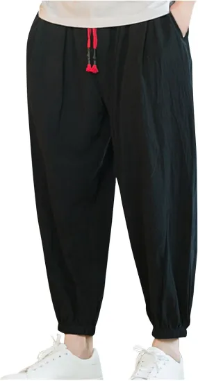 Men's Linen Pants Tapered Drawstring Pants Summer Baggy Joggers Lightweight Lounge Pants Big and Tall Trousers