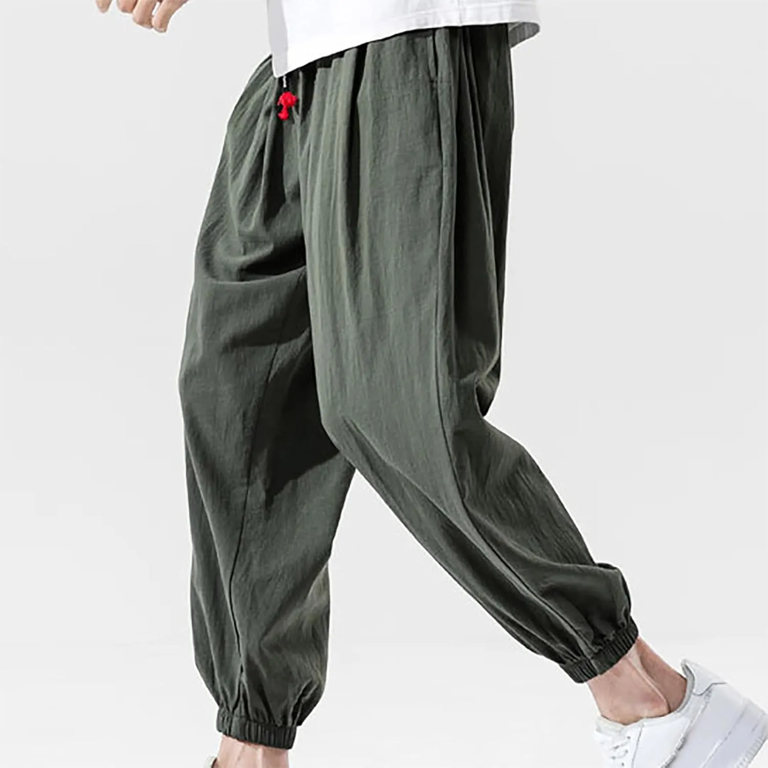 Men's Linen Pants Tapered Drawstring Pants Summer Baggy Joggers Lightweight Lounge Pants Big and Tall Trousers