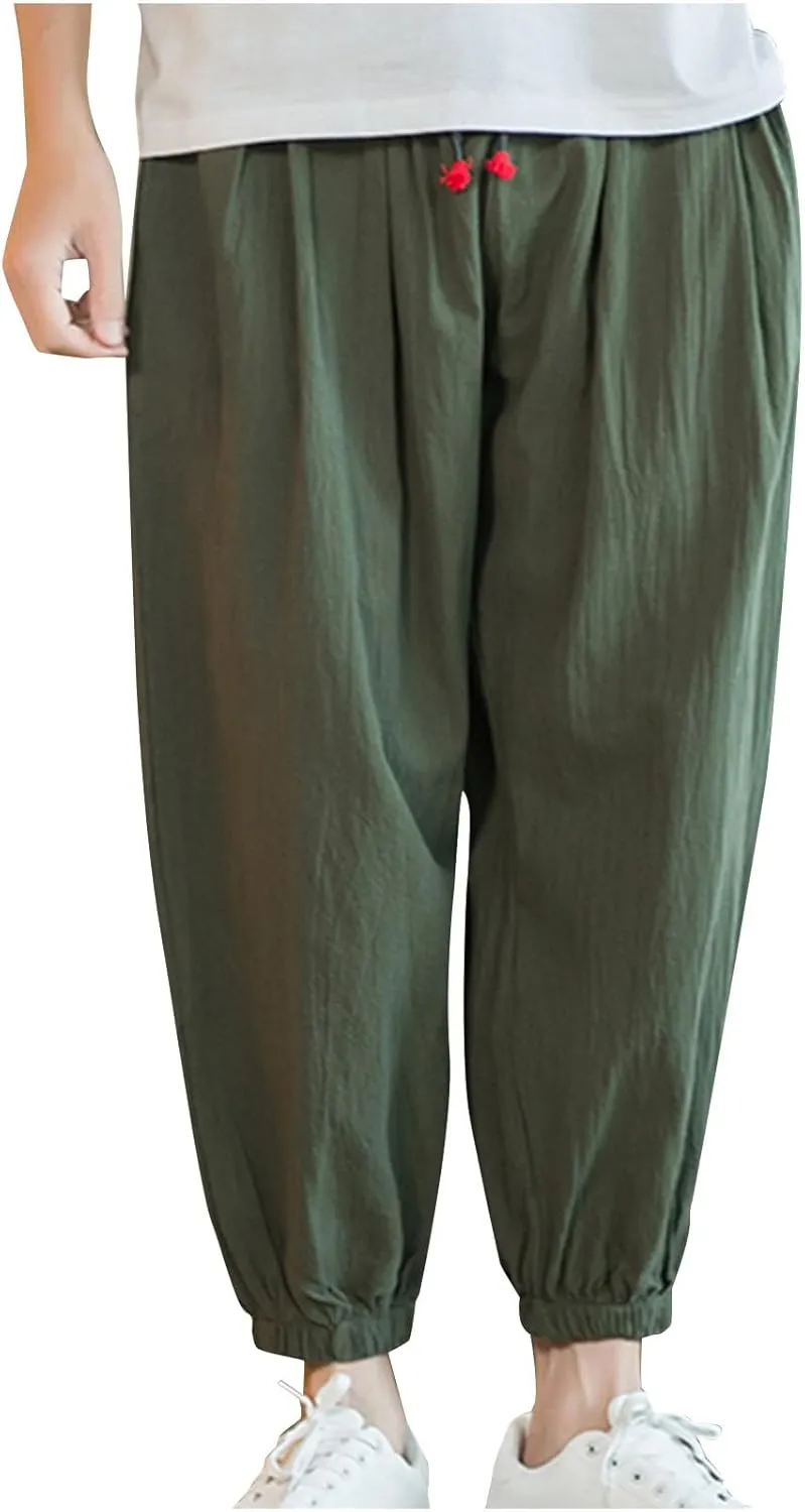 Men's Linen Pants Tapered Drawstring Pants Summer Baggy Joggers Lightweight Lounge Pants Big and Tall Trousers