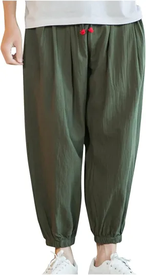 Men's Linen Pants Tapered Drawstring Pants Summer Baggy Joggers Lightweight Lounge Pants Big and Tall Trousers
