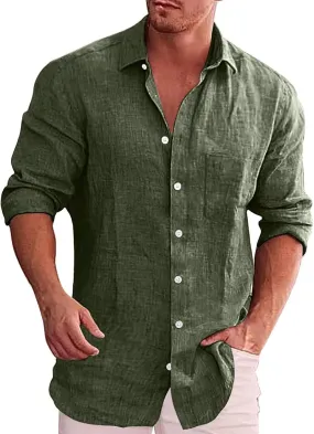 Men's Linen Shirts Button Down Collar Long Sleeve Dress Shirt Tropical Summer Casual Hawaiian Beach Untucked Tops